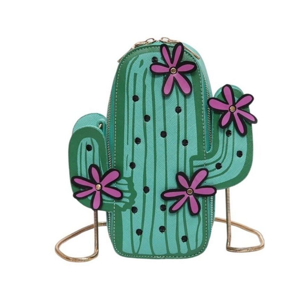 Small Green Figural Saguaro Cactus Shaped Chain Crossbody Bag Flowers New